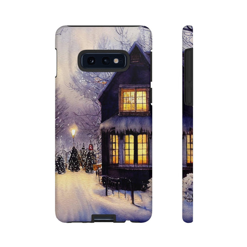 Glowing Homes in the Snow with Christmas Decorations - Impact Resistant Phone Case Samsung Galaxy S10E Matte